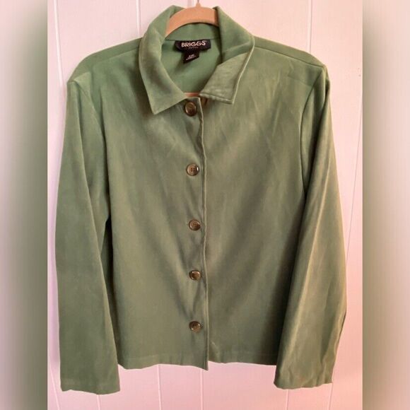 Briggs Blouse Women’s Medium Petite Green Faux Suede Button Up Casual Corpcore - Picture 3 of 7